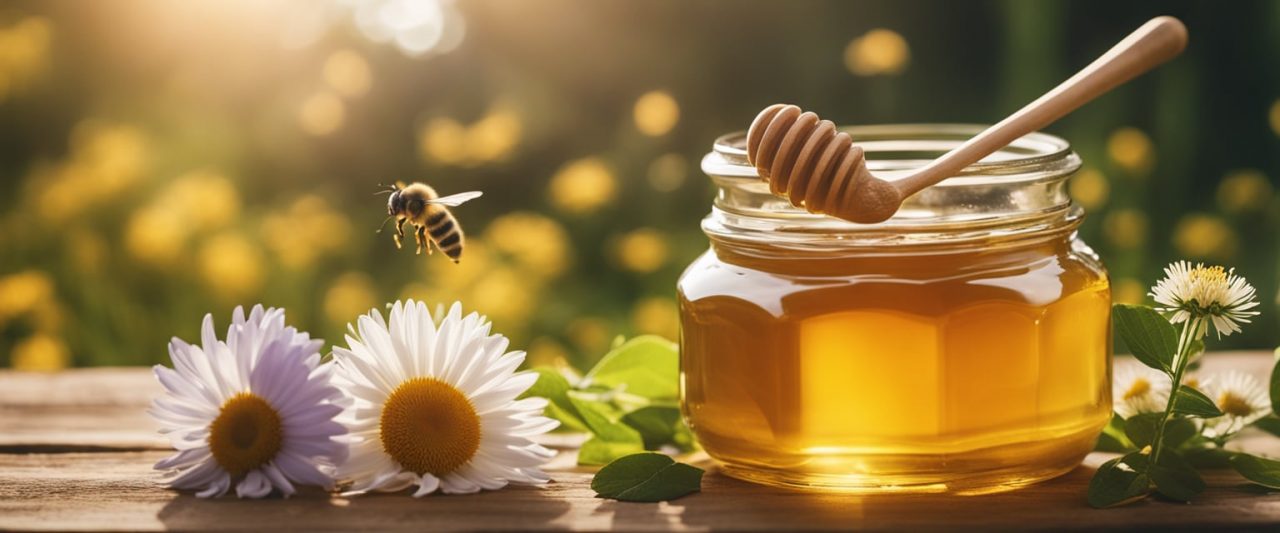 Egy üveg méz gyógyító gyógynövényekkel és virágokkal körülvéve, körülötte méhek zümmögnek, és meleg, aranyszínű fény ragyog lefelé.