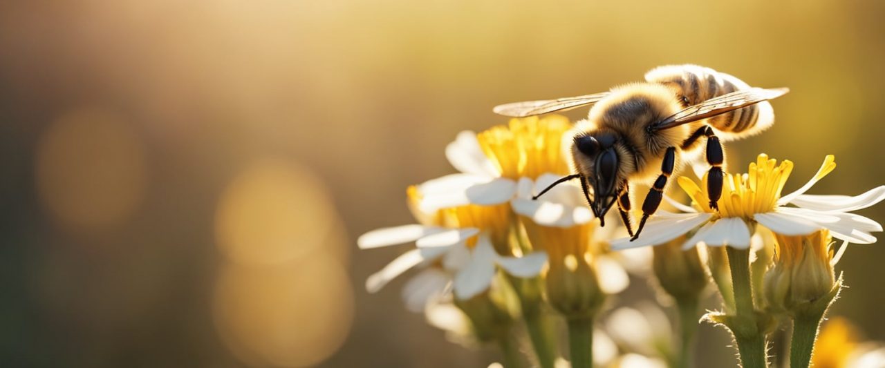 Egy mézelő méh egy virágzó virág fölött lebeg, nektárt gyűjt az emésztés javítása érdekében. Az aranyló napfény megvilágítja a jelenetet, kiemelve a mézfogyasztás jótékony hatásait.