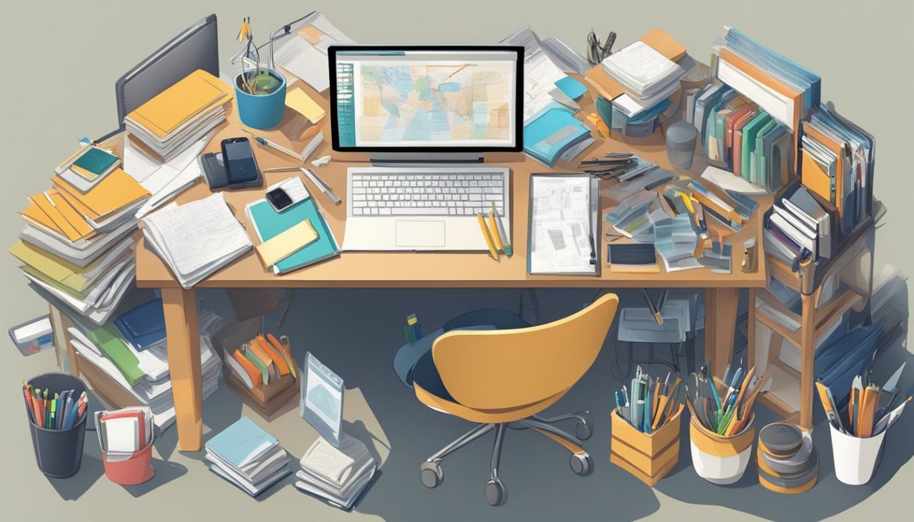 Egy zsúfolt íróasztal szétszórt szerszámokkal és anyagokkal, egy személy jegyzetel, egy számítógép gyakorlati alkalmazásokat mutat, és egy polc tele van szakkönyvekkel.