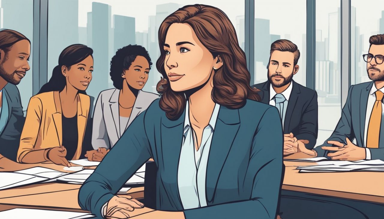A jelenet egy nőt ábrázol, aki magabiztosan tárgyal egy fizetésemelésről egy szakmai környezetben, magabiztos testbeszédet használ és szemkontaktust tart a kollégáival.