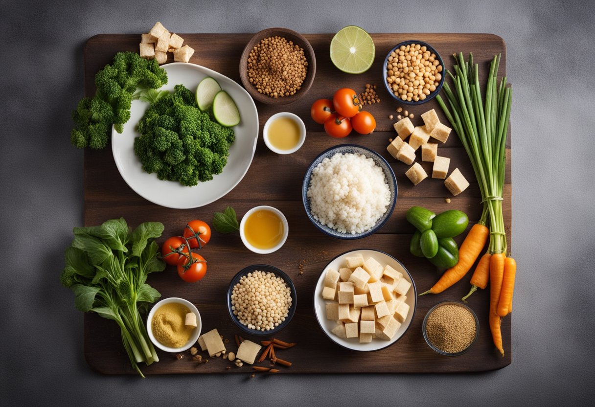 Egy terített asztal különböző hozzávalókkal, köztük tofuval, zöldségekkel és fűszerekkel a vegán tofu receptek elkészítéséhez.