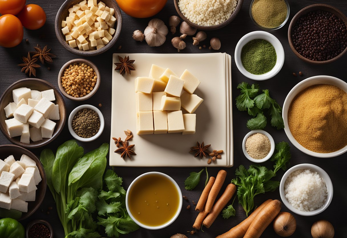 Egy asztal különböző hozzávalókkal, például tofuval, zöldségekkel és fűszerekkel. Az összetevők mellett egy szakácskönyv, amely a "Tippek és trükkök tofureceptekhez vegánoknak" című oldalra van nyitva.