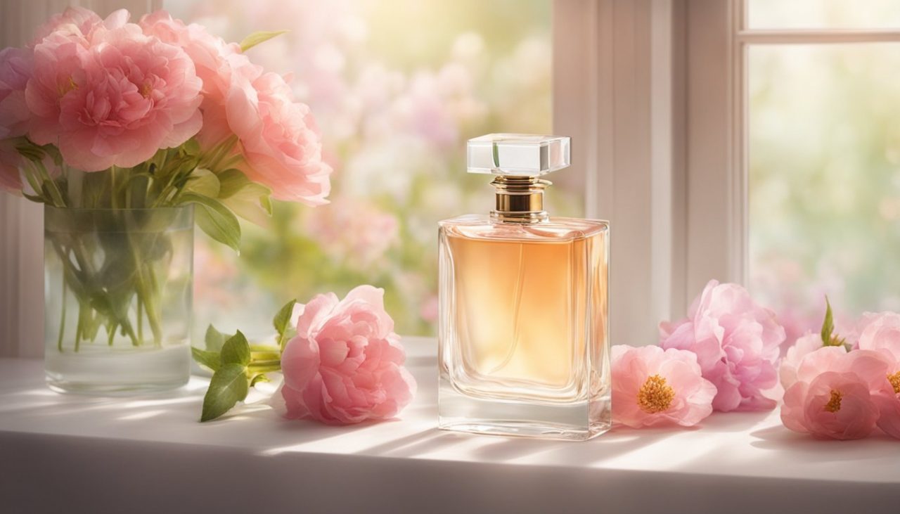 Egy üveg parfüm és egy halom friss virág egy tiszta, fehér asztalon. Az ablak lágy, természetes fényt enged be