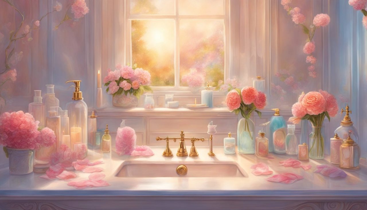 Tiszta fürdőszoba női higiéniai termékekkel és friss virágokkal a pulton. A tisztaság és a frissesség érzése a levegőben.