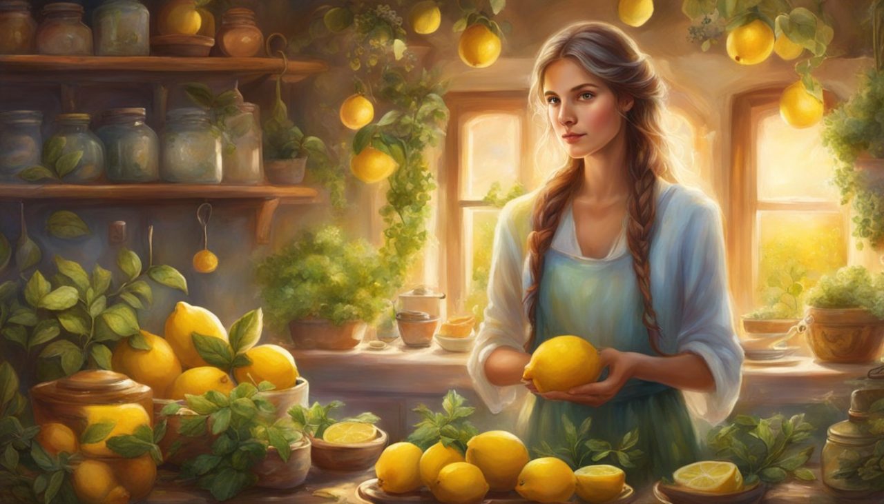 Egy nő áll a konyhában, körülötte különböző természetes összetevők, például citrom, joghurt és gyógynövények. Arcán elszántság és magabiztosság tükröződik, miközben házi készítésű gyógymódokat készít.