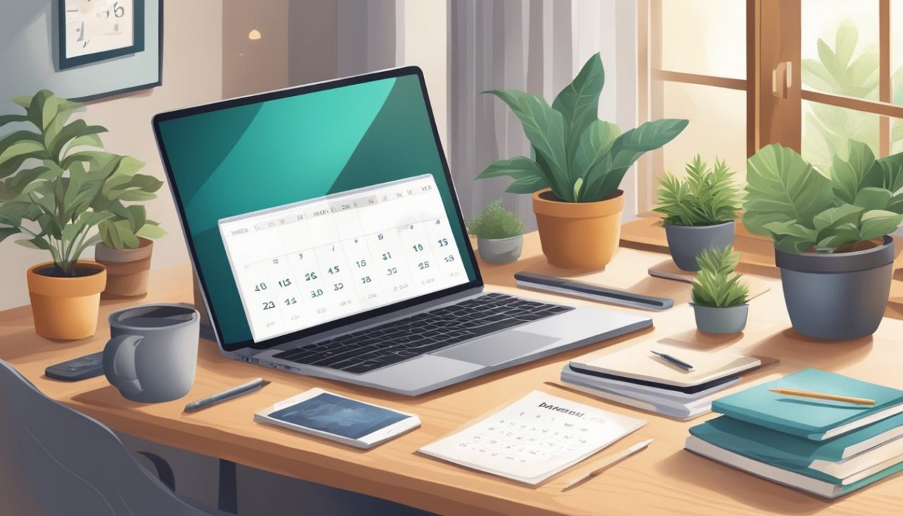 Egy íróasztal egy laptoppal és egy naptárral, körülvéve egy hangulatos otthoni környezettel, növényekkel és személyes tárgyakkal.