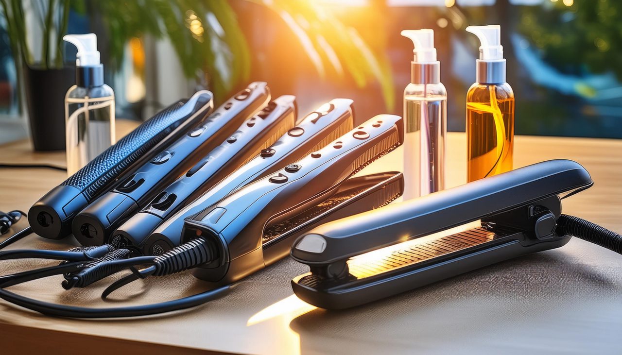 Egy asztal különböző hajegyenesítőkkel, zsinórokkal és hővédő spray-kkel. A világos megvilágítás kiemeli a hajszerszámok elegáns formatervét és gombjait.
