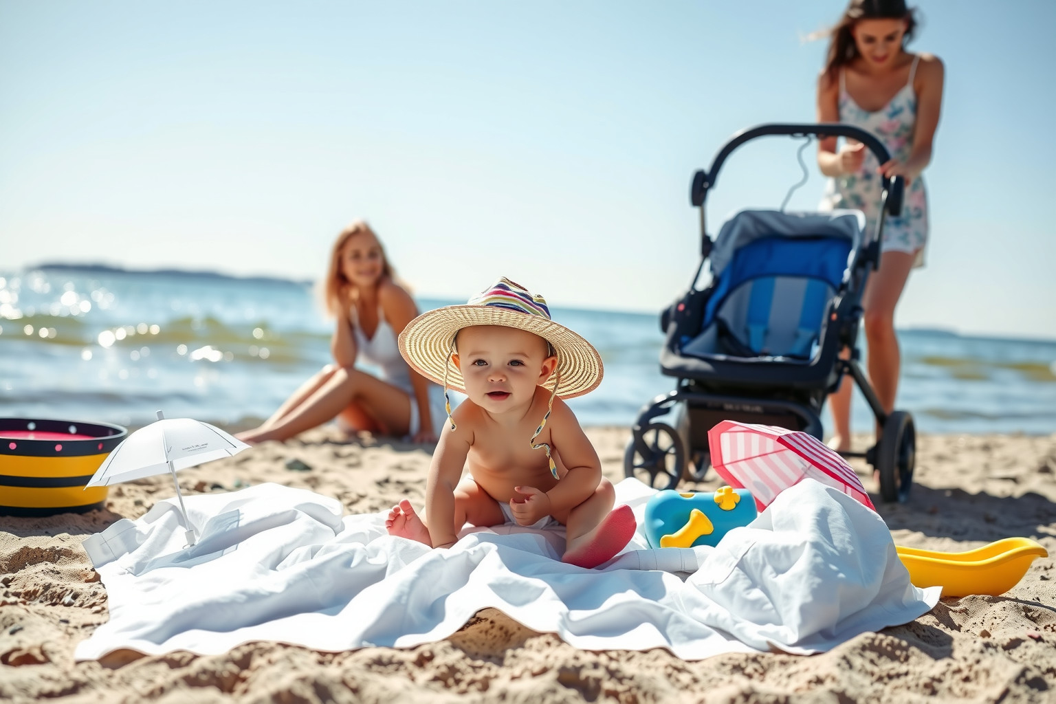 Babáknak árnyékolós napernyő és homokozójáték elengedhetetlen a strandon.