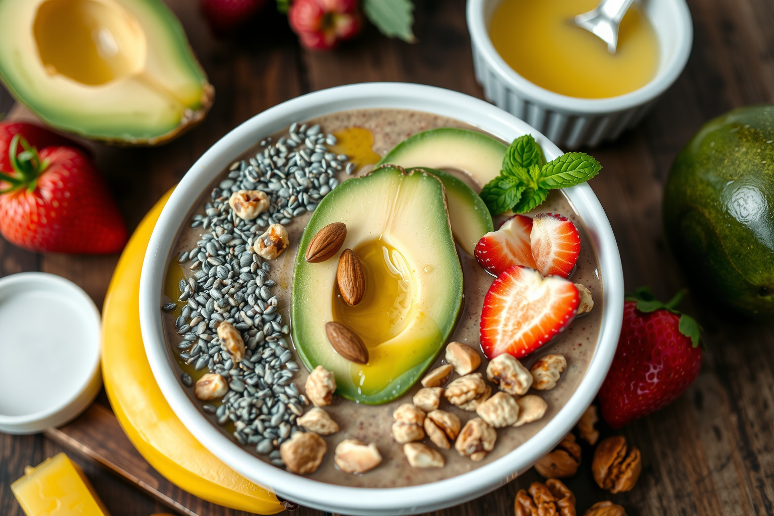 Avokádó és diófélék egészséges zsírokkal gazdagítják smoothie bowl-odat.