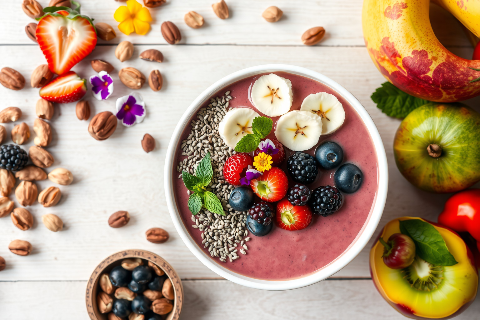 A smoothie bowl bűntudatmentes édesség tele friss gyümölccsel.
