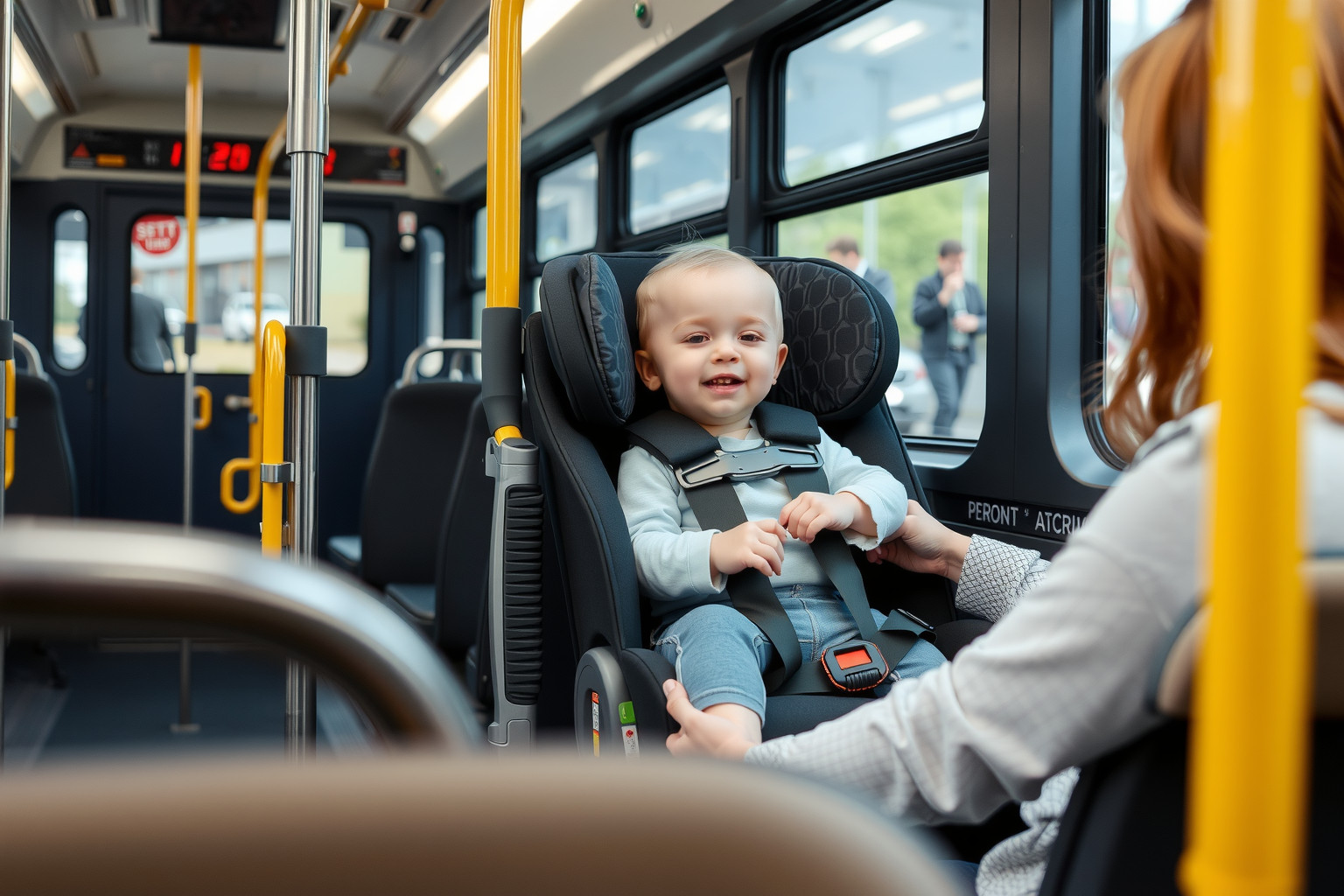 Mindig használjunk megfelelő méretű babahordozót a buszon.