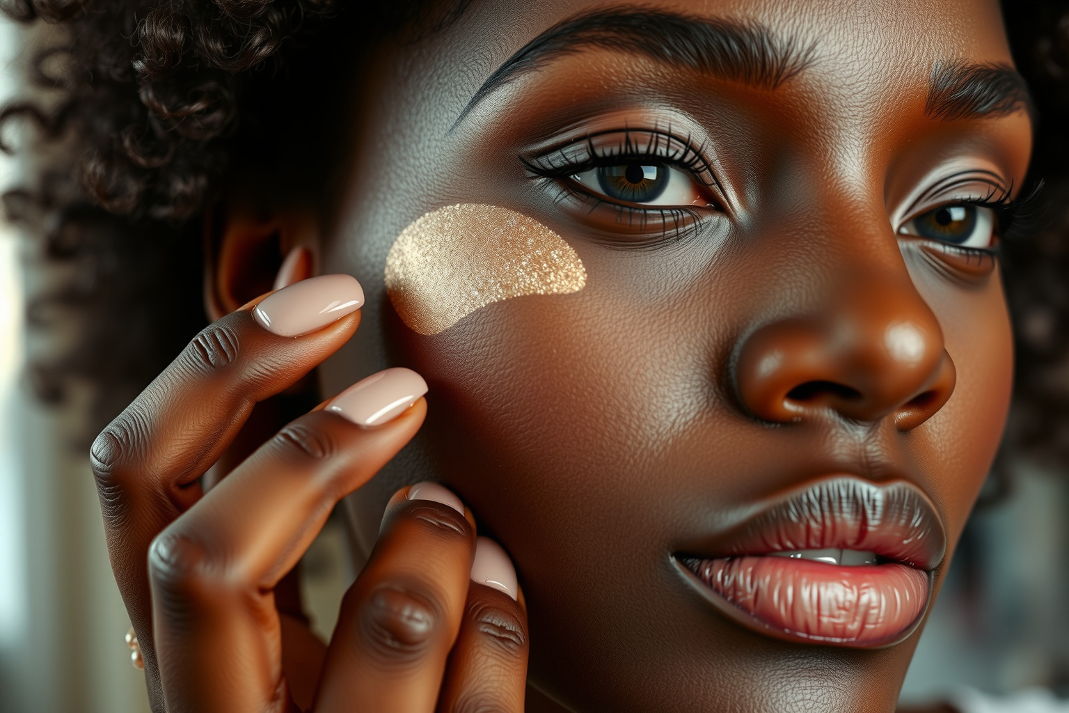 A mély bőrszínen az arany highlighter ragyogást kölcsönöz.
