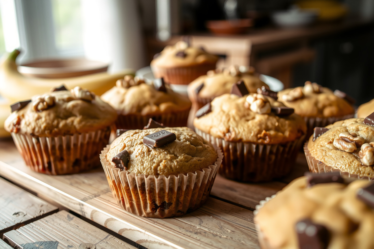 A banános muffin dióval és csokoládéval energikus reggeli kombináció.