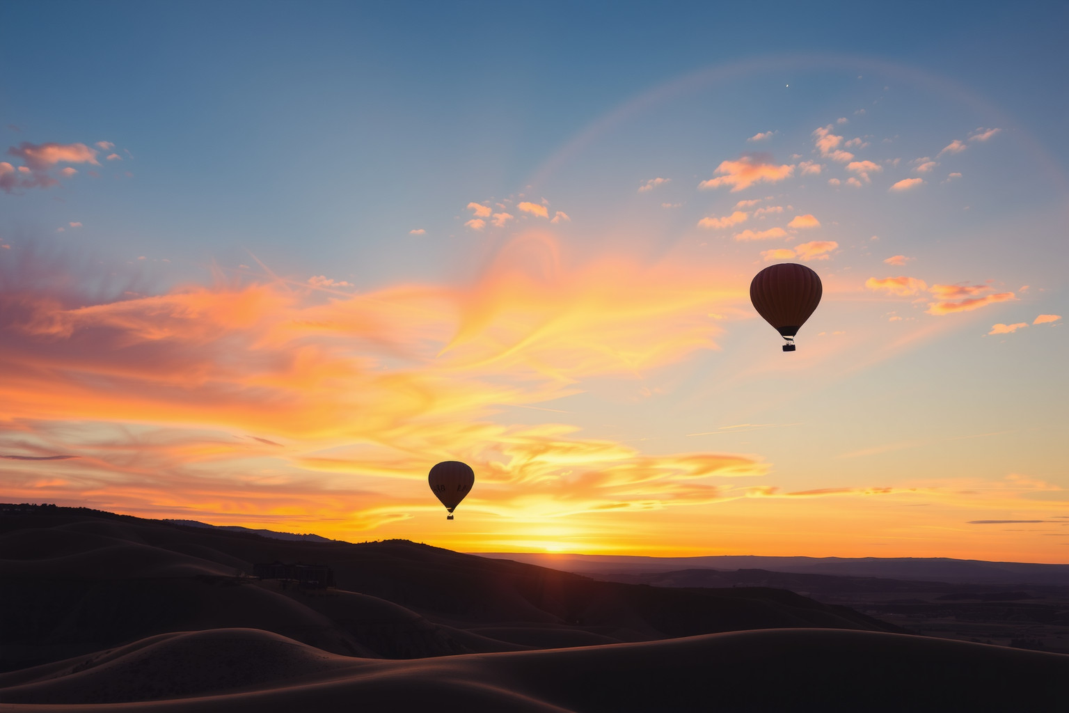 A hőlégballonozás napfelkeltekor lélegzetelállító panorámát nyújt.