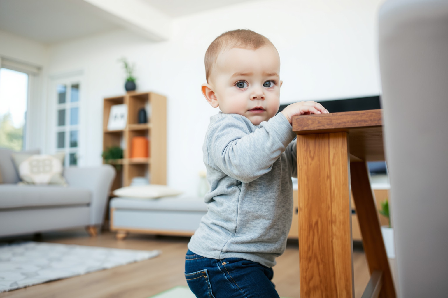A baba már stabilan feláll és bútorokba kapaszkodik.