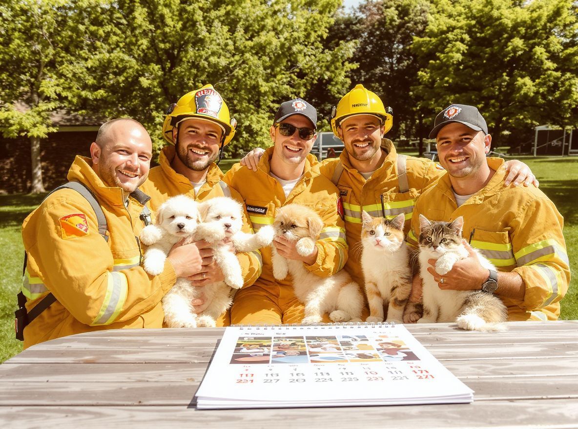 A naptárban a tűzoltók és állatok szeretetes párosítása rejlik.