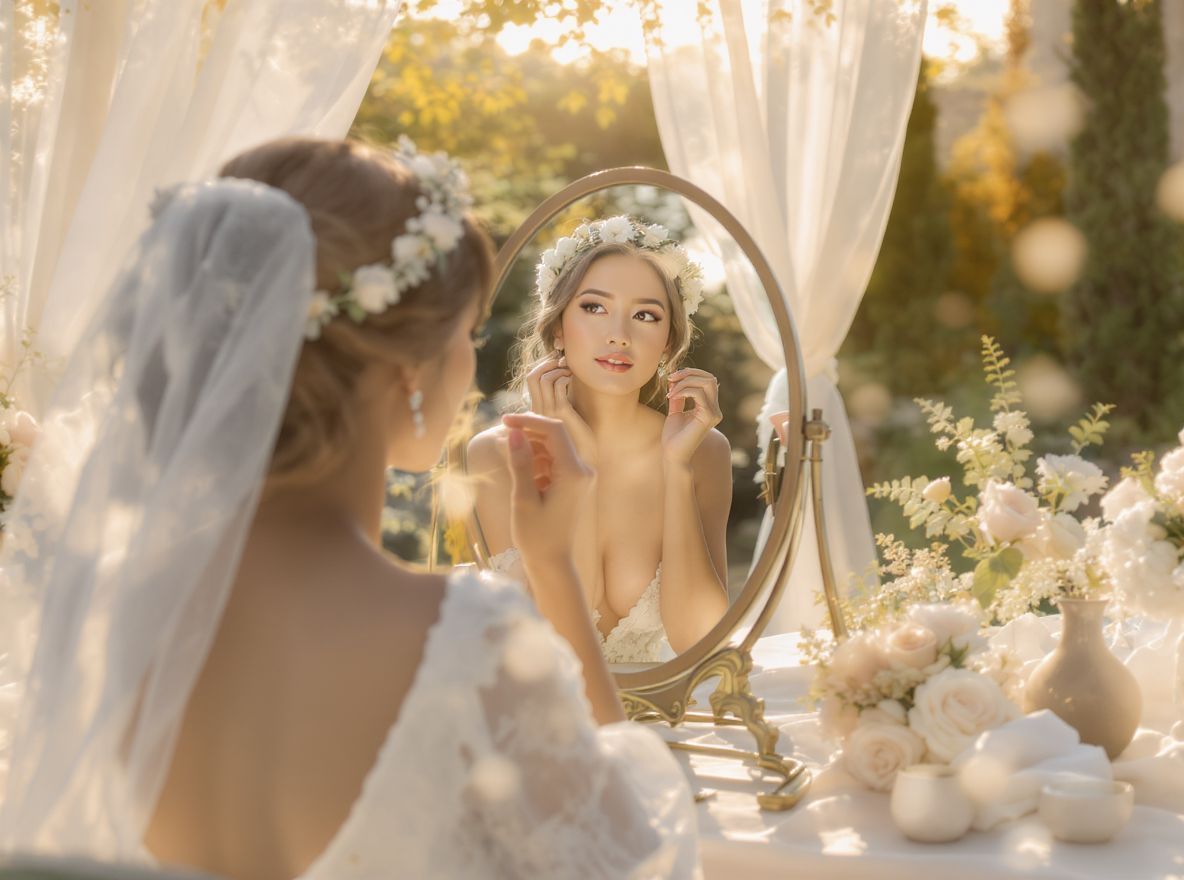 A haj és smink összhangja fokozza az esküvői eleganciát.