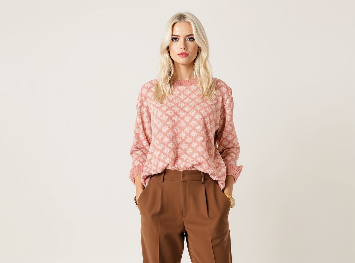 A mintás felsők kiemelik a barna nadrág eleganciáját.