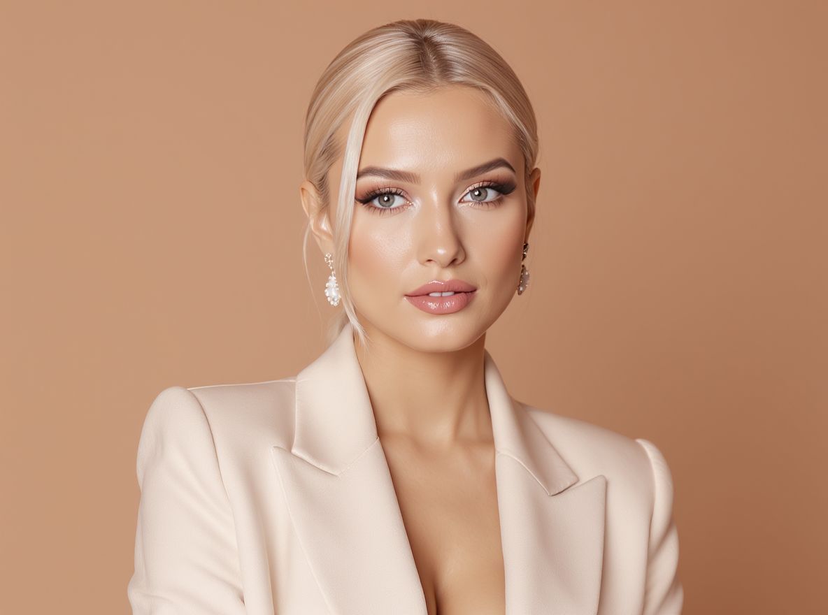 A világos smink és magasan feltupírozott frizura nyújtó hatású.