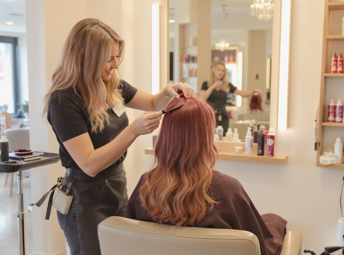 A burgundi hajfestés kiemeli a bőrtónust és stílust.